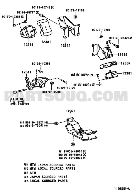مخطط موضع قاعدة المحرك الخلفية 12371-75050 | Toyota EPC rear engine mount diagram