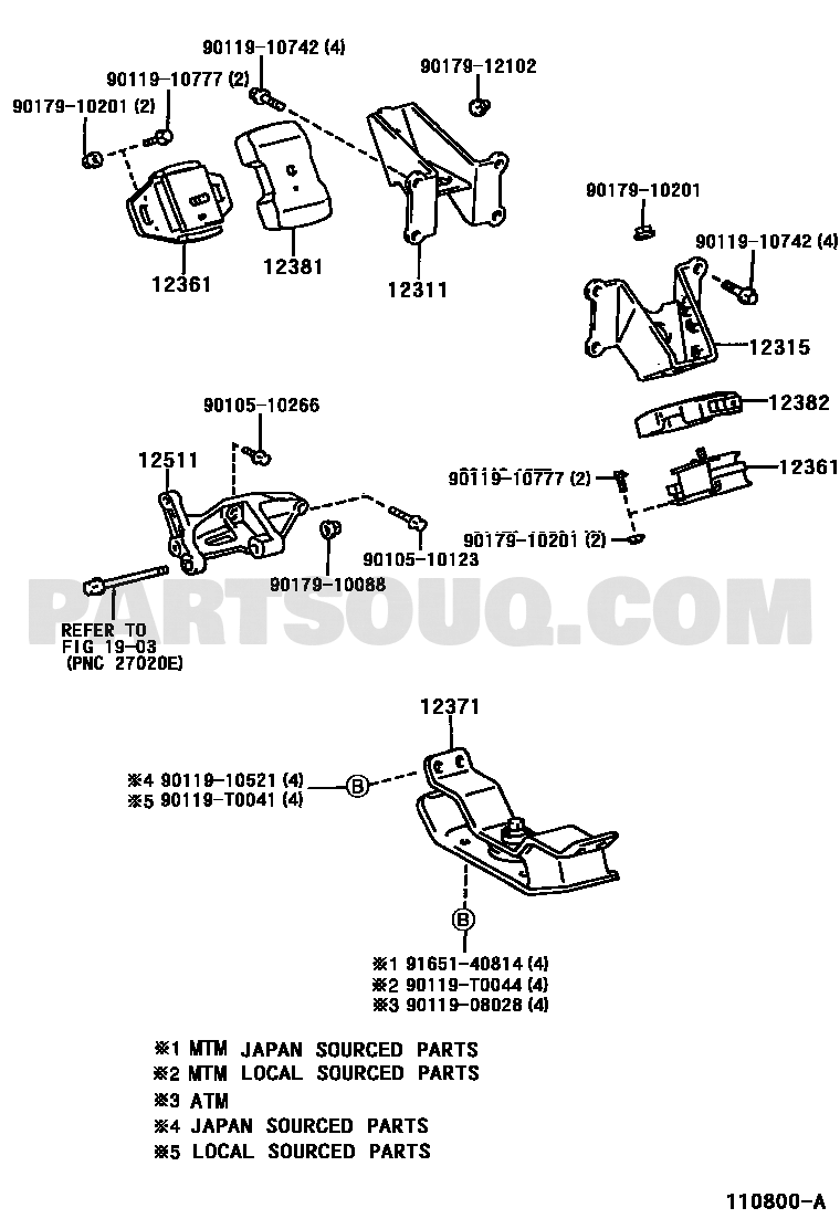 مخطط موضع قاعدة المحرك الخلفية 12371-75050 | Toyota EPC rear engine mount diagram