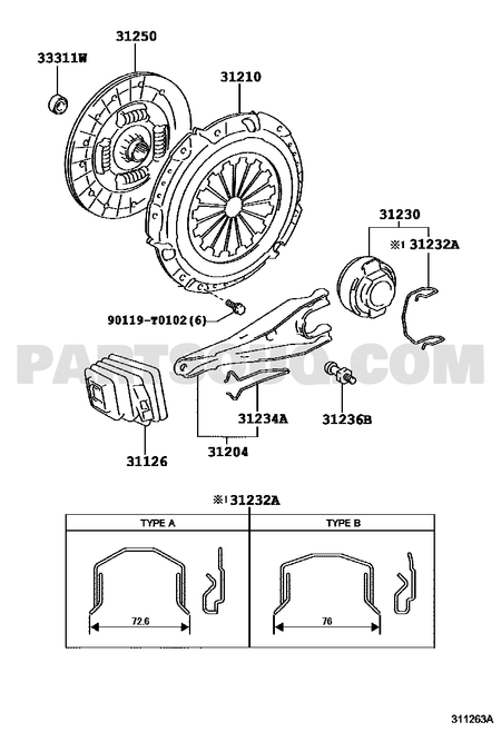 موضع غطاء الكلتش 31210-0K101 في مخطط تويوتا OEM