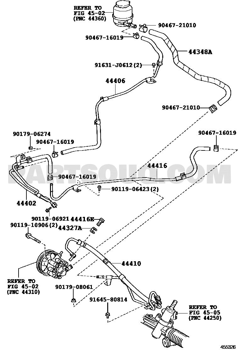 مخطط كتالوج تويوتا لموضع خرطوم زيت الباور 44348-33240، موضع 44348A | Toyota EPC location diagram for 44348-33240, callout 44348A