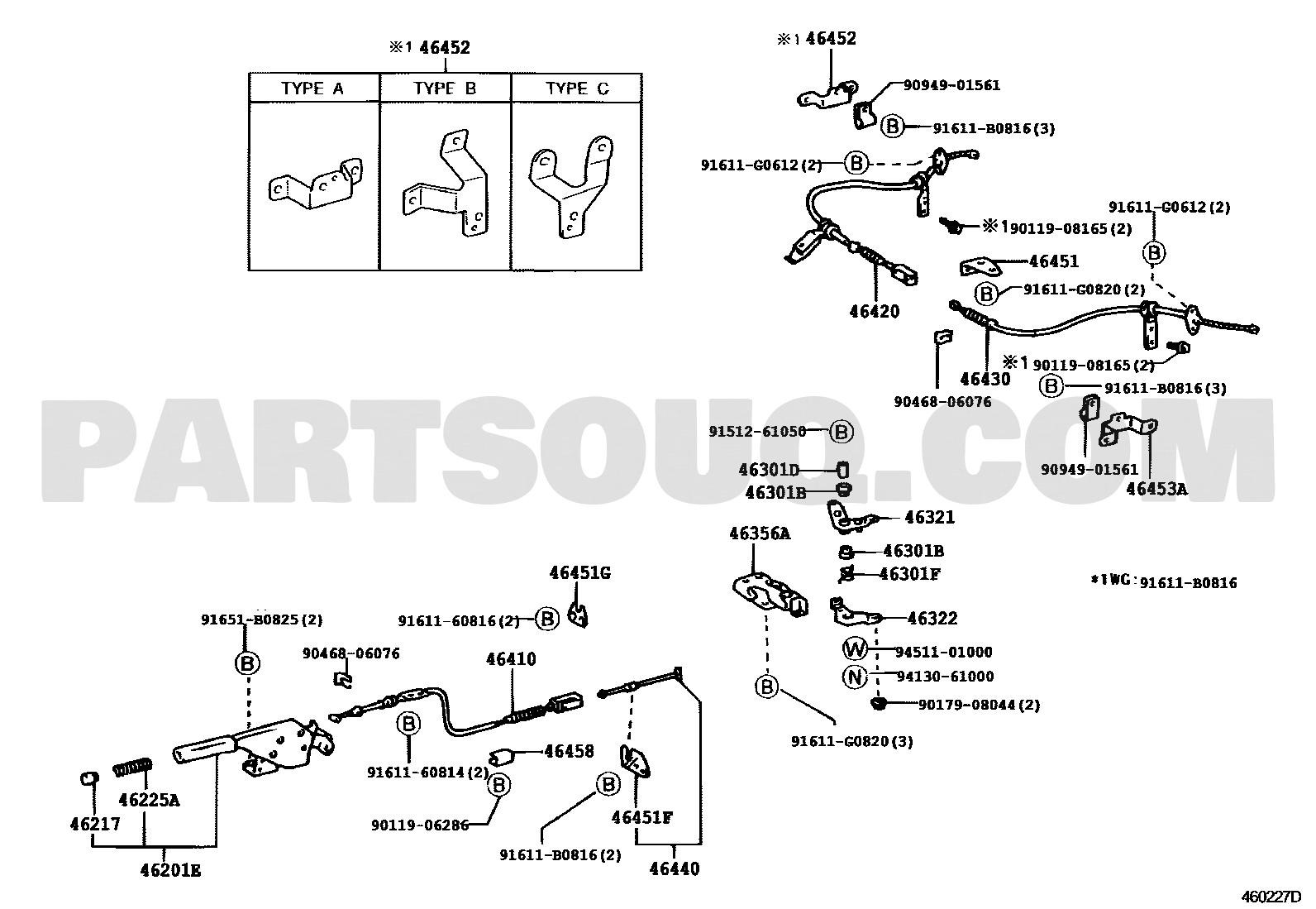 مخطط موقع كيبل فرامل التوقف رقم 1 (نداء 46410) | Toyota EPC location diagram, callout 46410 | OEM 46410-26320