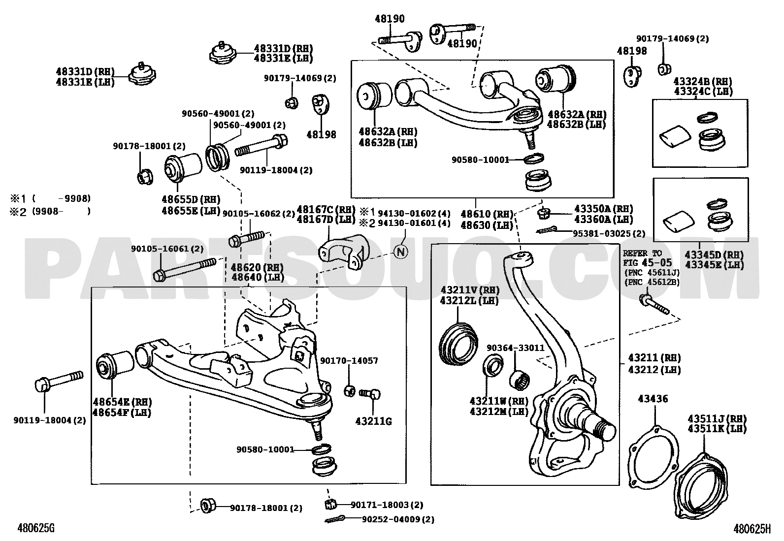 مخطط موضع جلدة المقص 48655-60020، الرمزان 48655D و48655E | Toyota EPC diagram, callouts 48655D and 48655E