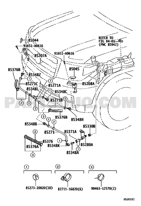 مخطط موضع بخاخ غسيل المصباح الأمامي الأيسر تويوتا 85045-60030-A1، النداء 85045 | Toyota EPC diagram for LH headlamp washer nozzle 85045-60030-A1, callout 85045