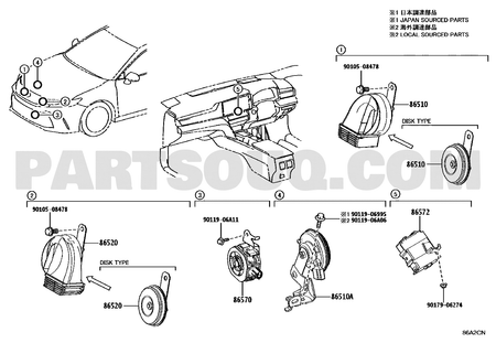 مخطط موضع البوق منخفض النغمة 86520-60250 | Toyota EPC diagram