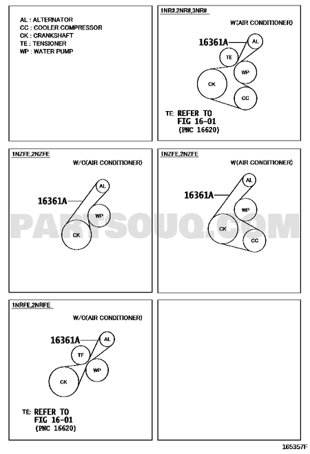 مخطط كتالوج تويوتا لموضع السير 90916-T2046، موضع 16361A | Toyota EPC location diagram for belt 90916-T2046, callout 16361A